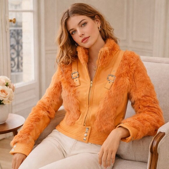 Cosmopel Dyed Fur Leather Jacket Vintage Women’s Y2K Rock 80s Punk Maximalist - Picture 13 of 13